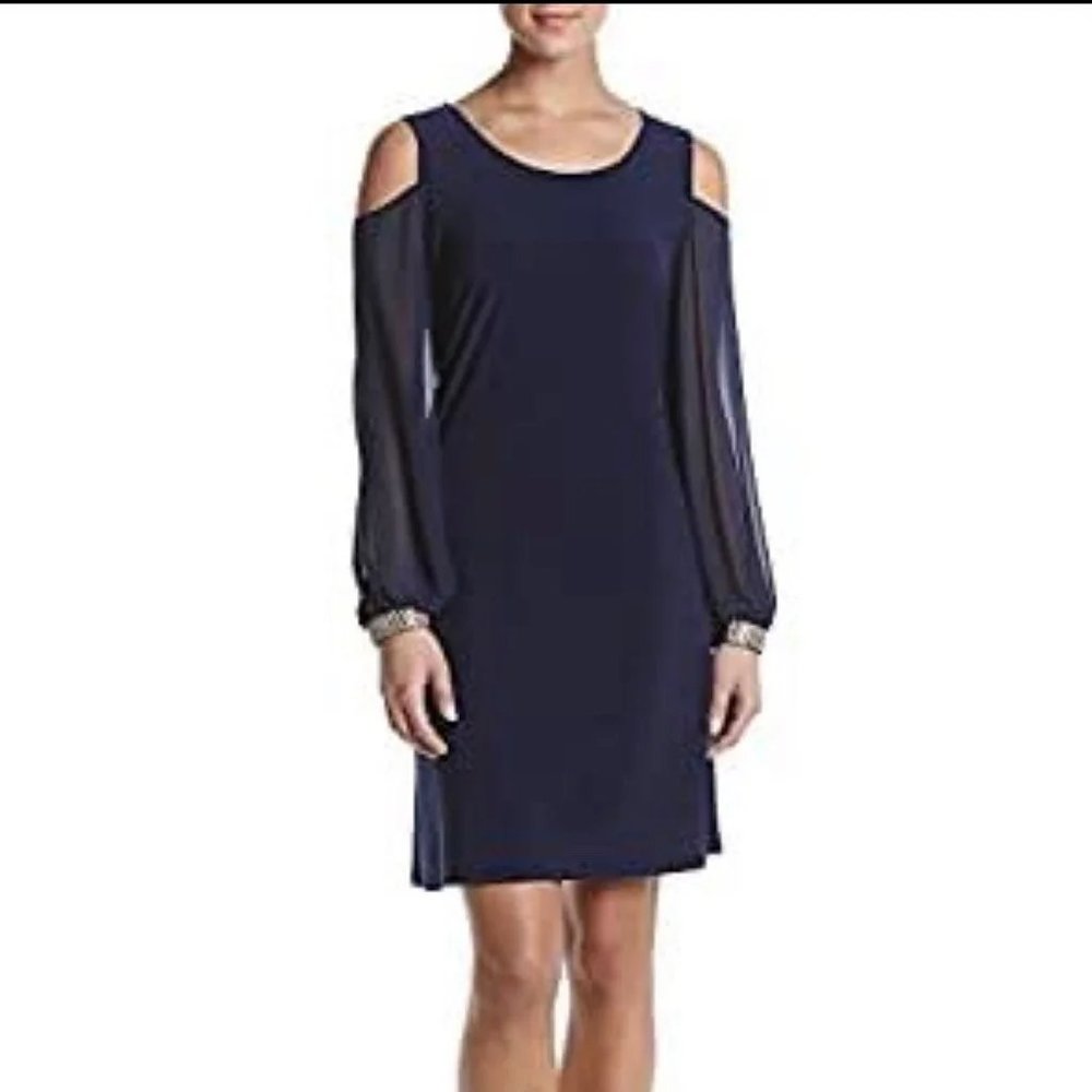 MSK Dark Navy Blue Rhinestone embellished cuffs on sleeve dress Size 16 NWT